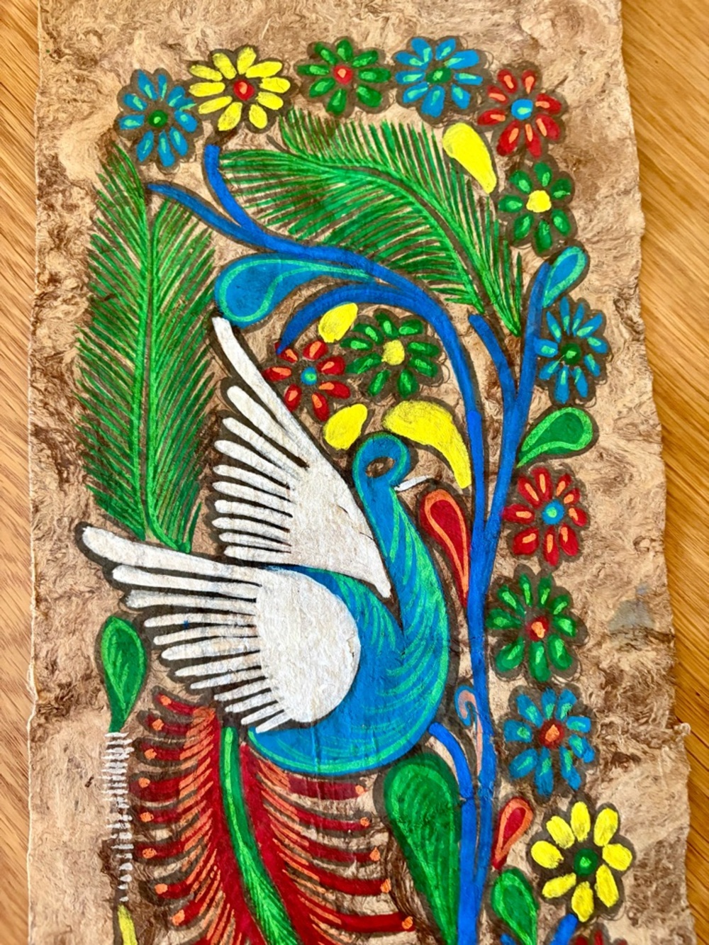 Hand-Painted Bird & Floral Mexican Bark Art - Bright Blue, Green, Red - Picture 2 of 3